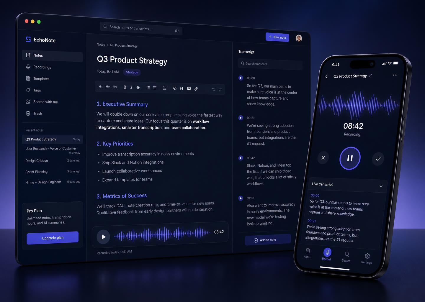 NoteFlow AI shown on desktop and mobile with a live recording transcript